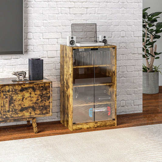 The rustic brown bookcases & shelves in a living room with a record player and speakers on top