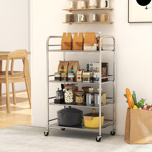 The stainless steel kitchen trolley is shown in use in a kitchen, holding food items and cookware