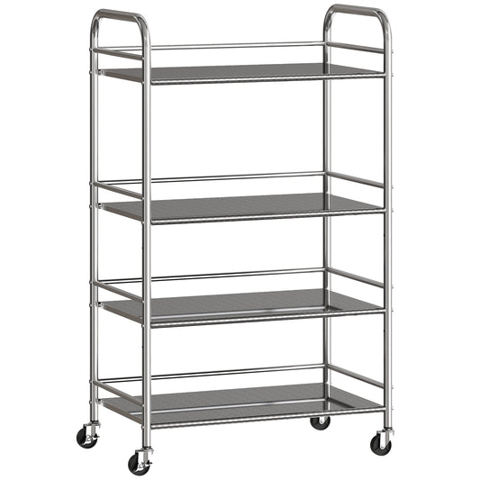 HOMCOM 4 Tier Stainless Steel Kitchen Storage Trolley with adjustable shelves in silver