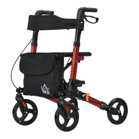 HOMCOM 4 Wheel Rollator with Seat and Back in red, shown from the front with a black bag attached
