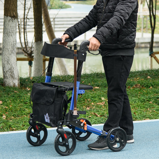 A person uses the blue four-wheel rollator with a seat and backrest while walking outdoors