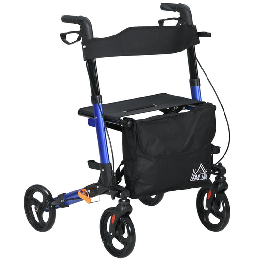 HOMCOM 4 Wheel Rollator with Seat and Back, a blue mobility aid with four wheels, a seat, and a backrest
