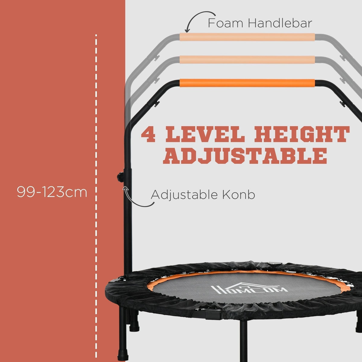 The fitness trampoline highlighting the four adjustable height levels for the handlebar