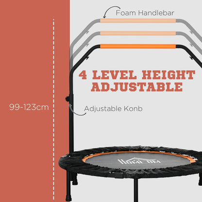 The fitness trampoline highlighting the four adjustable height levels for the handlebar