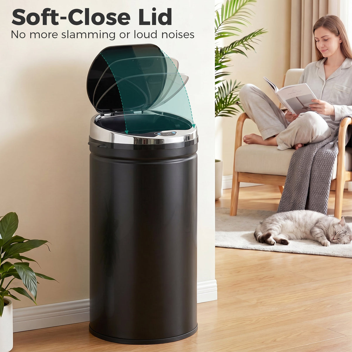 The soft close lid of the automatic rubbish bin opens with no noise