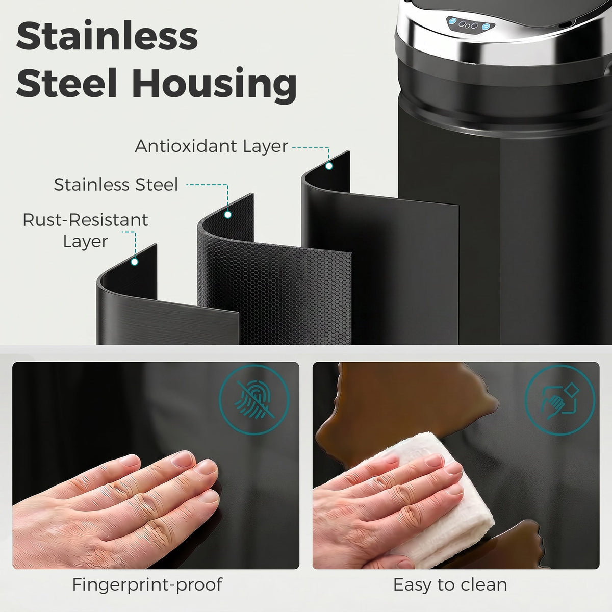 Close up of the fingerprint proof and easy to clean stainless steel housing