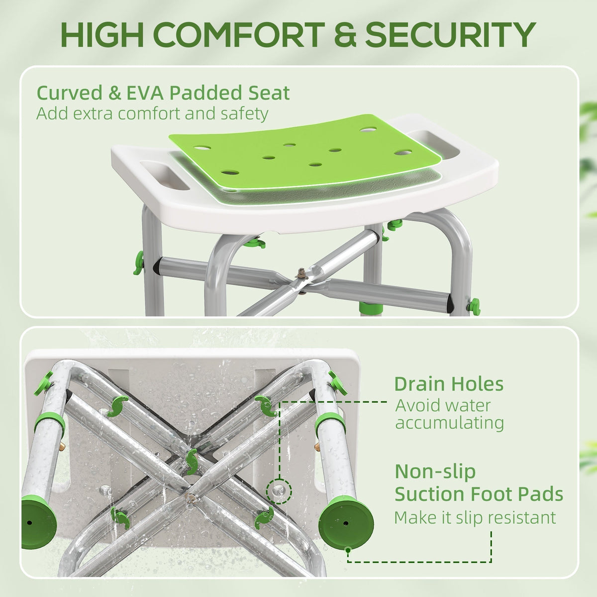 Close up of the shower stool seat and drain holes, with non-slip foot pads