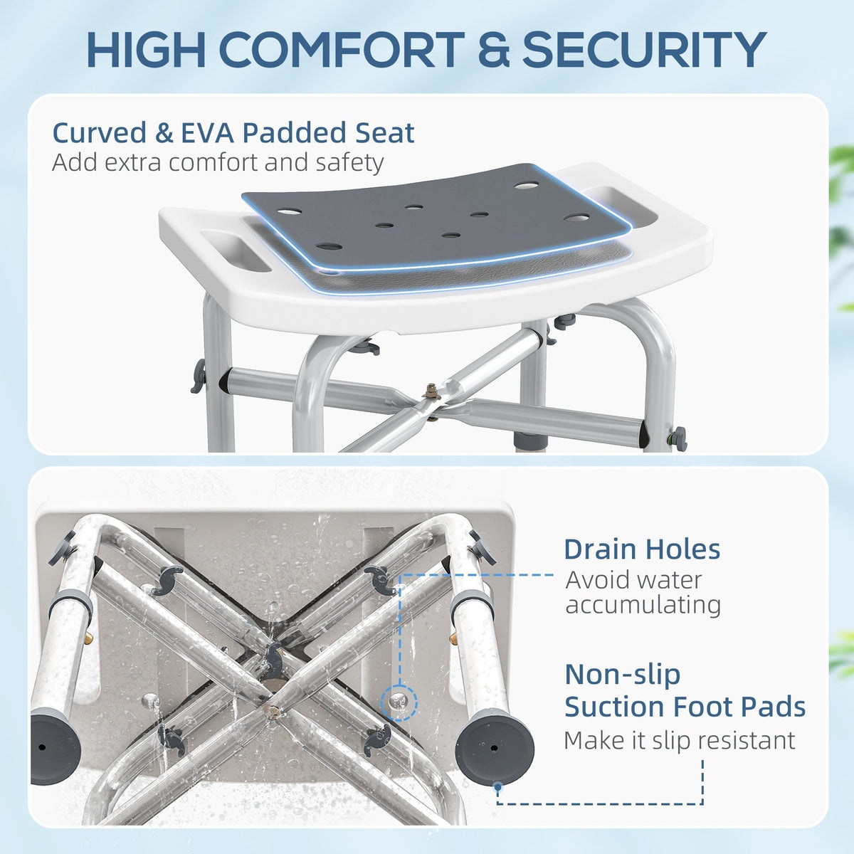 Close up of the shower stool seat with drain holes and non-slip foot pads