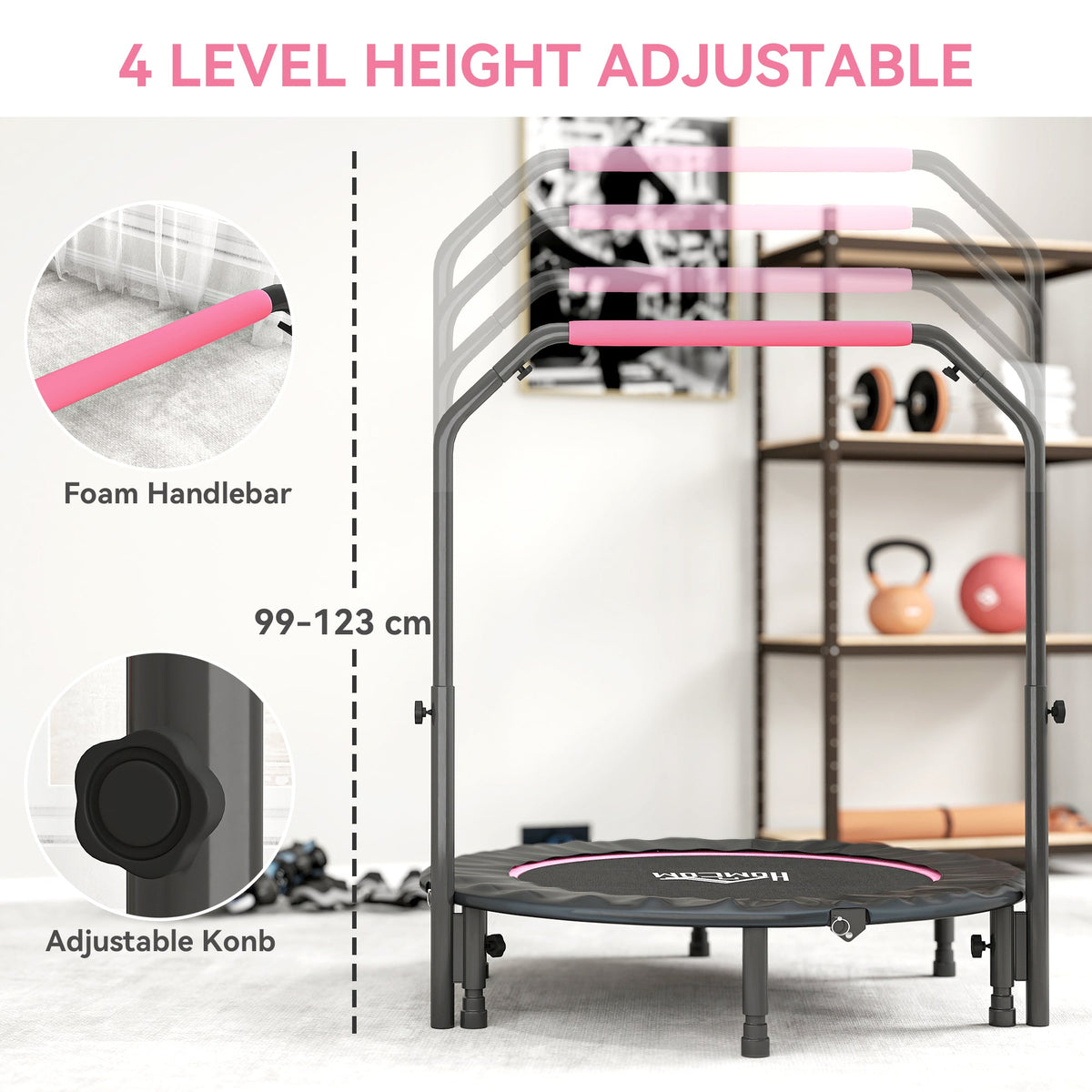 Close up of the adjustable foam handlebar and knob on the mini fitness trampoline