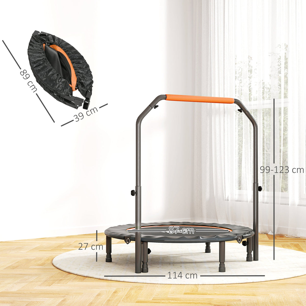 The orange and black fitness trampoline shown folded and with dimensions