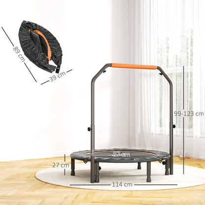 The orange and black fitness trampoline shown folded and with dimensions