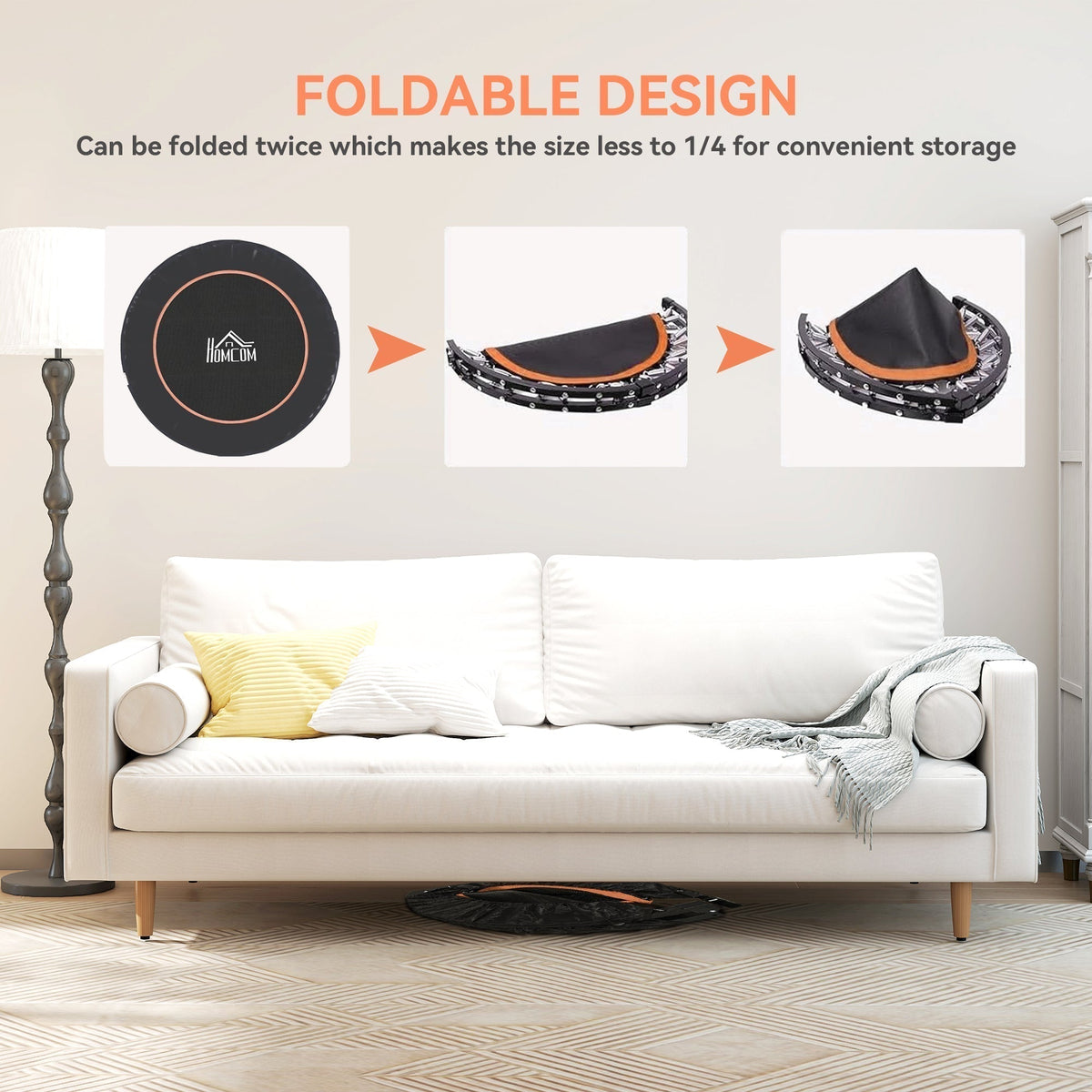 The foldable fitness trampoline shown in three stages of folding