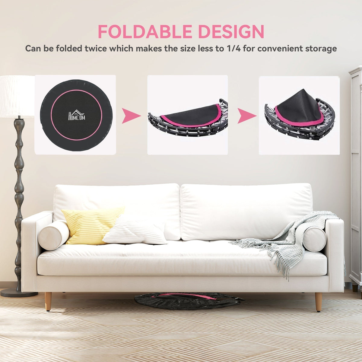Demonstration of the foldable design of the mini fitness trampoline