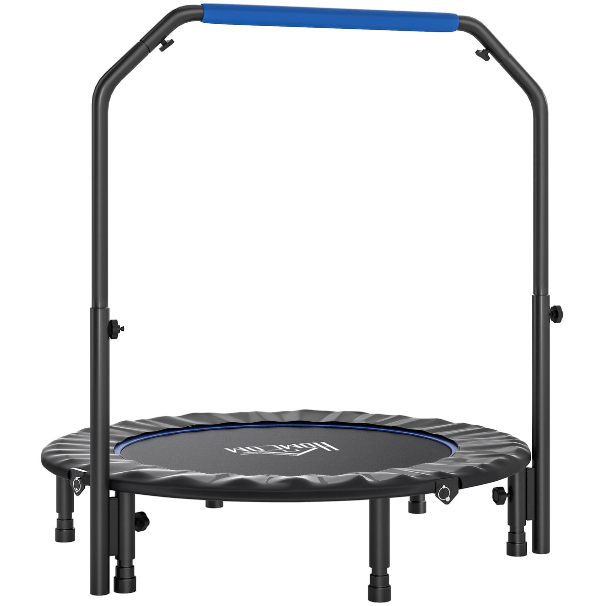 HOMCOM 45" Foldable Mini Fitness Trampoline, a blue and black circular fitness trampoline with a safety handle