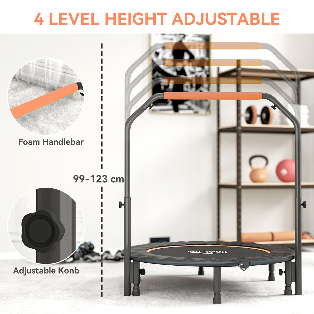 The adjustable foam handlebar on the fitness trampoline