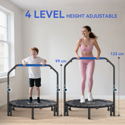 A child and an adult using the blue and black fitness trampoline with adjustable handles
