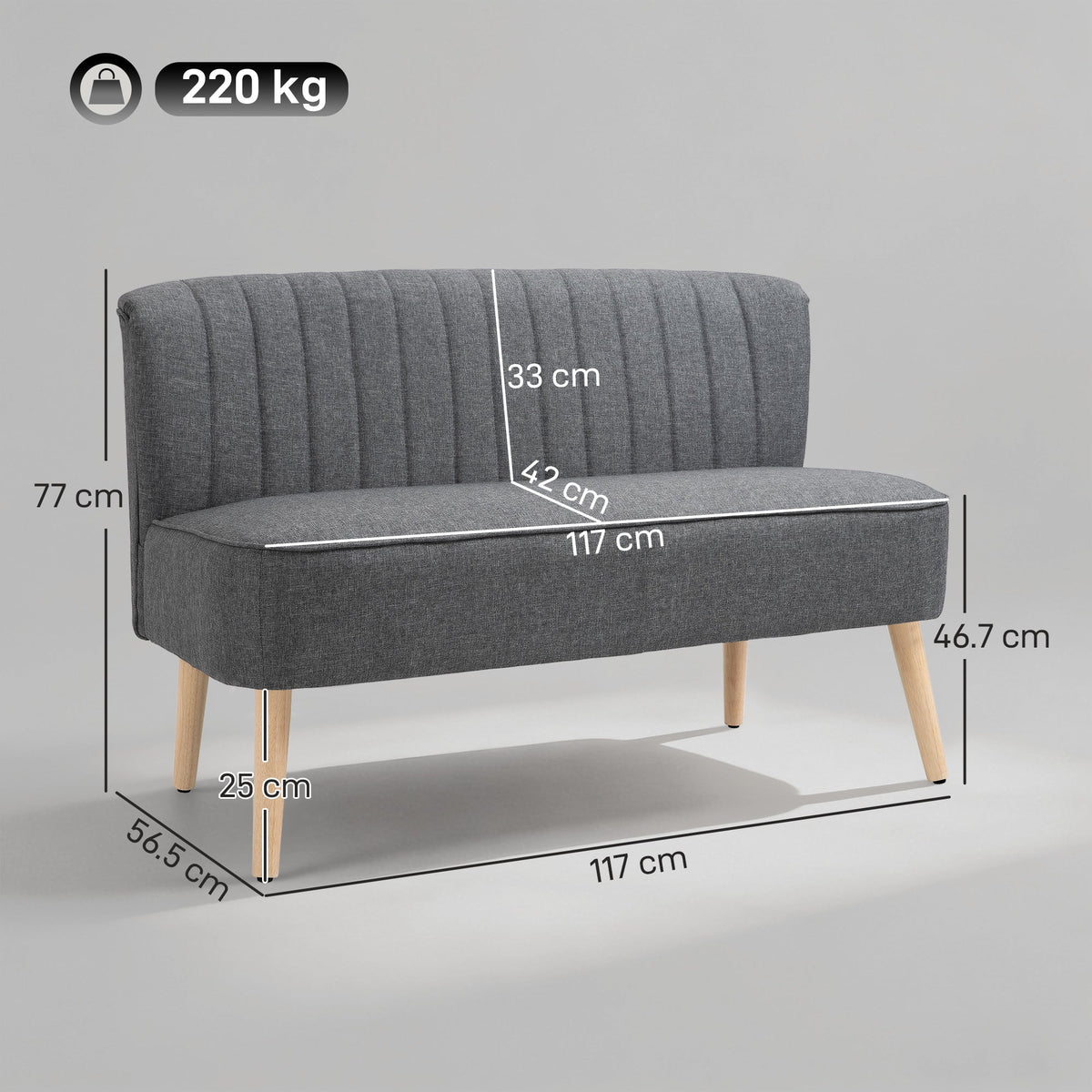 The small grey sofa has dimensions labelled for height, width and depth