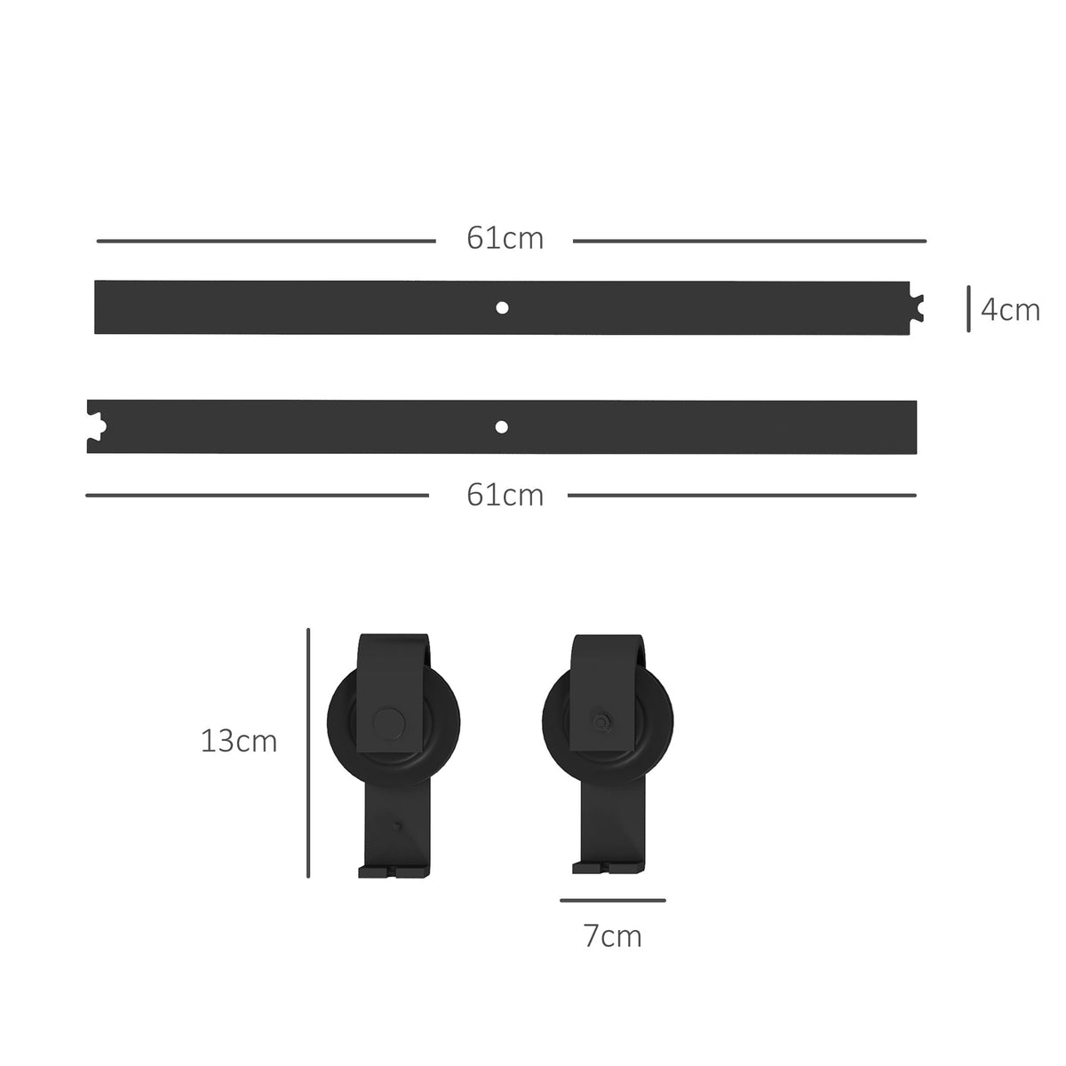 Close up of the sliding barn door hardware track kit components with dimensions shown