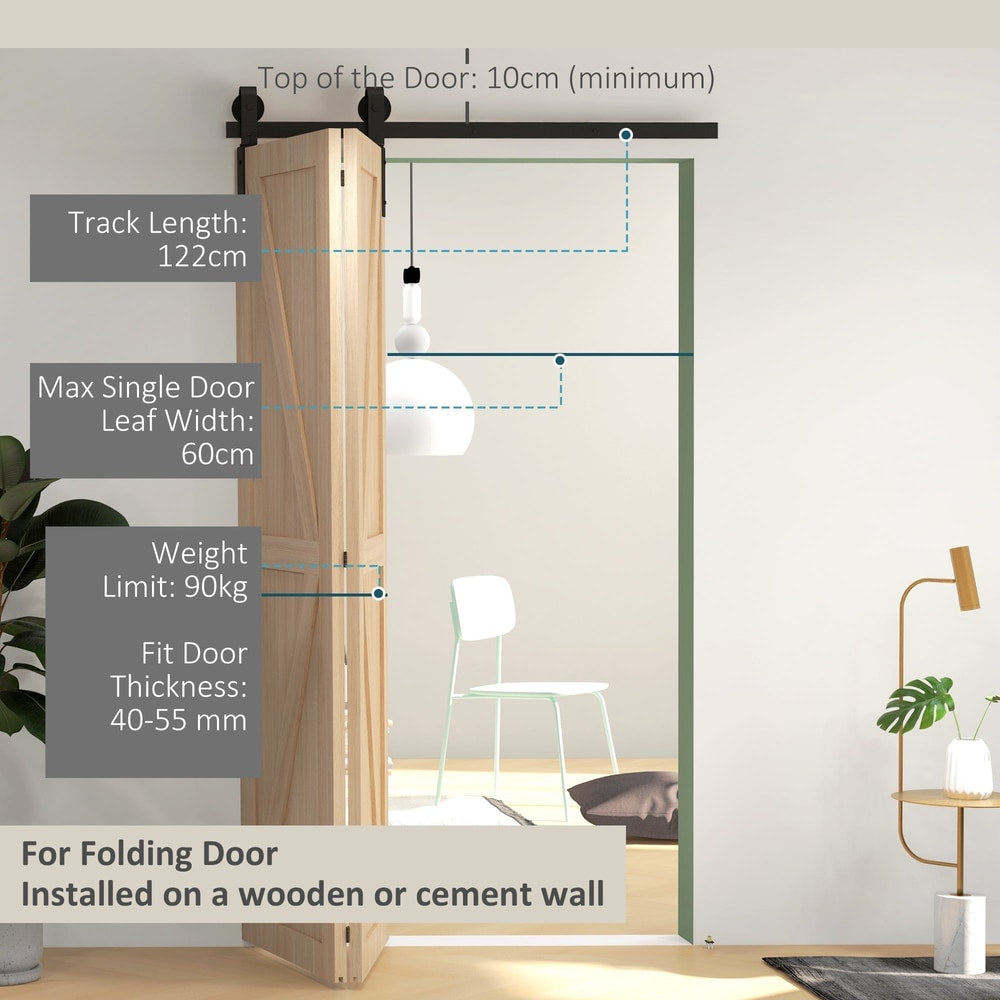 Diagram showing the dimensions for installing the bi-folding sliding barn door hardware track kit