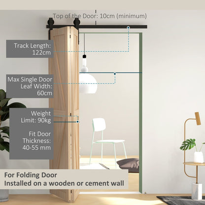 Diagram showing the dimensions for installing the bi-folding sliding barn door hardware track kit