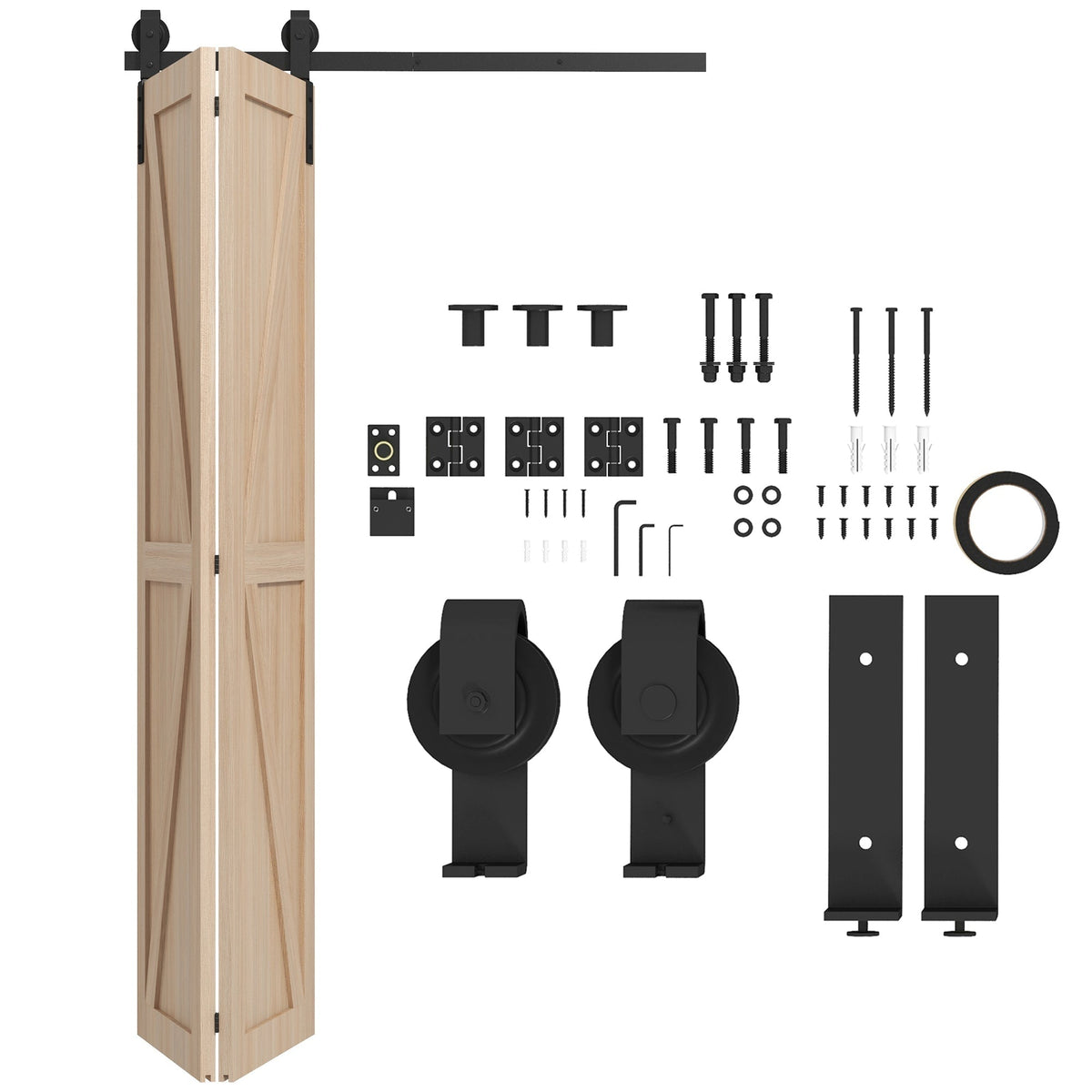 HOMCOM 4FT/122CM Bi-Folding Sliding Barn Door Hardware Track Kit laid out with all its components and fittings