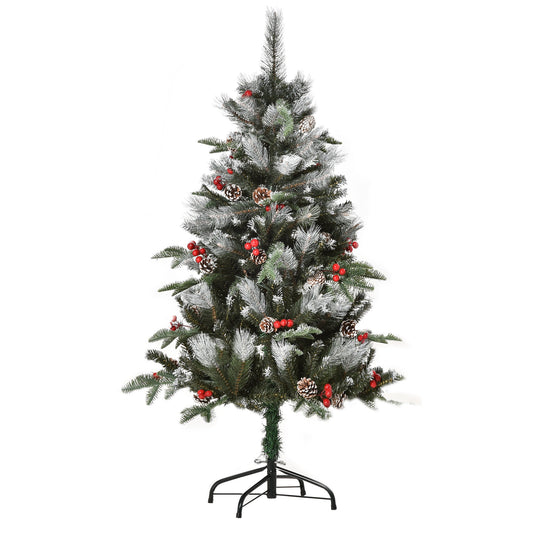 HOMCOM 4FT Artificial Snow Dipped Christmas Tree with red berries and white pinecones on a stand