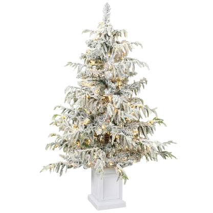HOMCOM 4ft Prelit Flocked Christmas Tree in Green and White