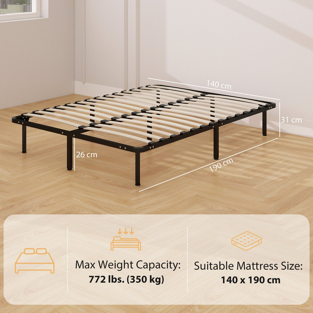 The double bed frame with dimensions and weight capacity shown