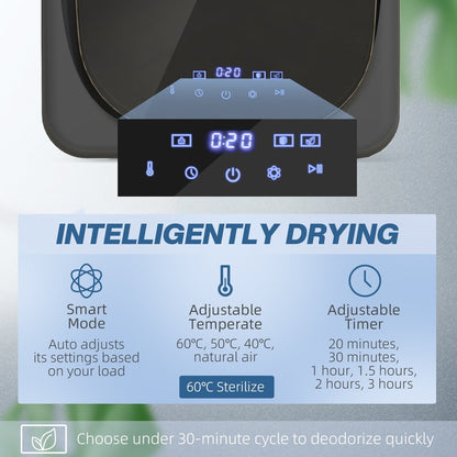 Close up of the control panel showing smart mode, adjustable temperature and timer settings