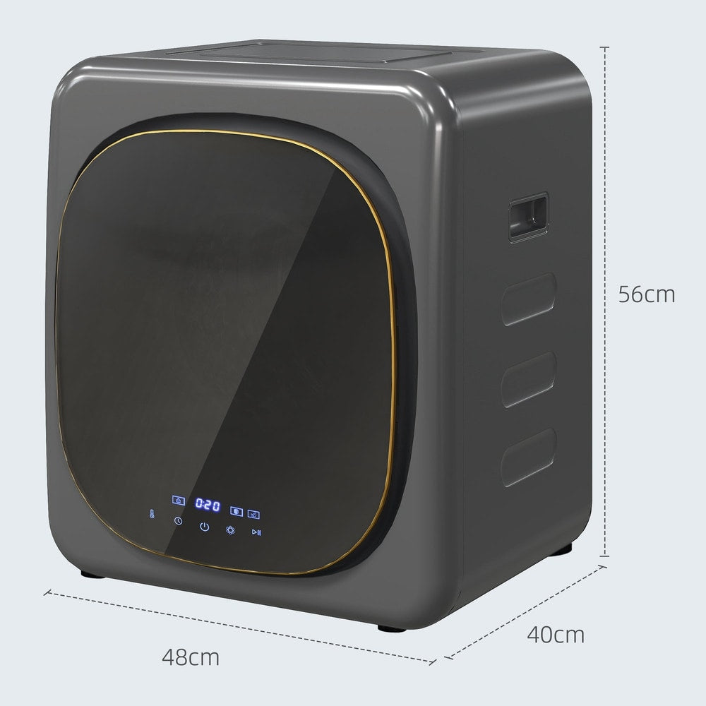 The compact tumble dryer is shown with dimensions marked on the side
