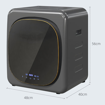 The compact tumble dryer is shown with dimensions marked on the side