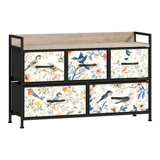 HOMCOM 5-Drawer Chest of Drawers with a light wood top and floral bird patterns on the drawer fronts