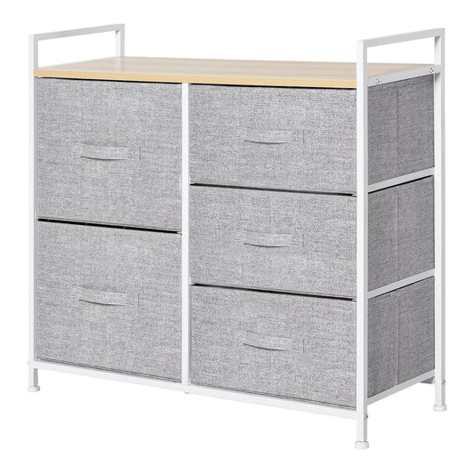 HOMCOM 5 Drawer Linen Basket Storage Unit with a light wood top and white metal frame