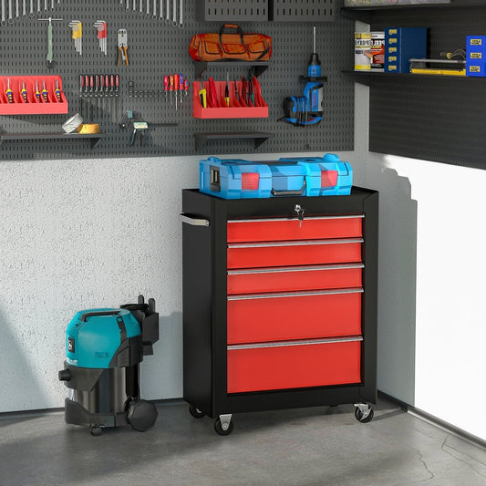 The red and black tool chest in a workshop setting with tools on the wall