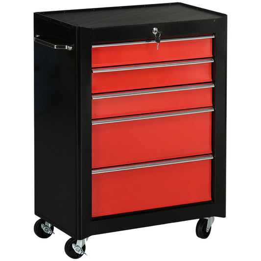 HOMCOM 5-Drawer Tool Chest in red and black with a handle and wheels