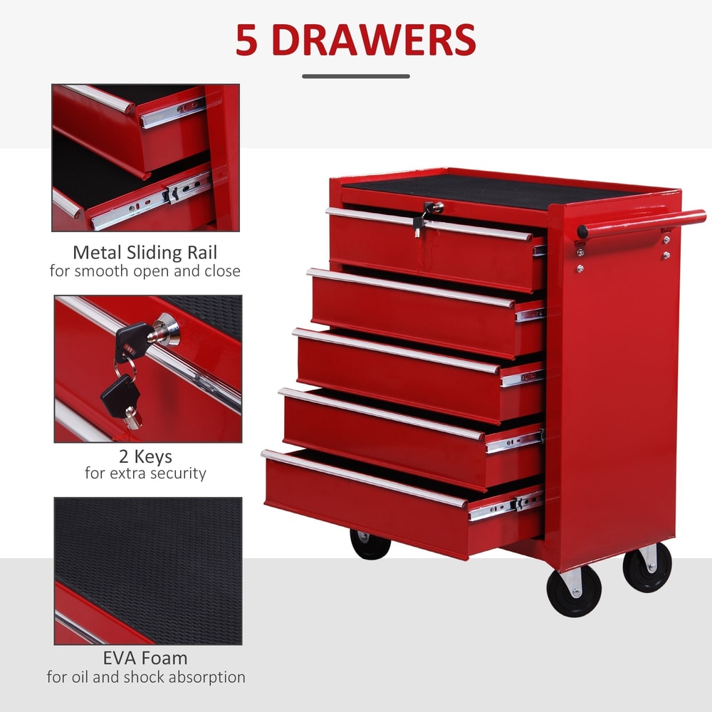 Close up of the 5 drawer tool chest showing the metal sliding rails and two keys