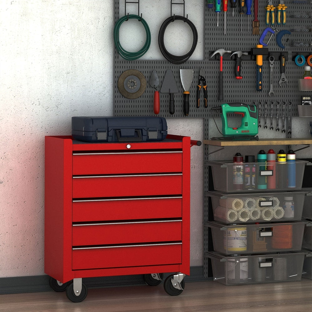 The red tool trolley sits in a workshop setting with tools on the wall behind it