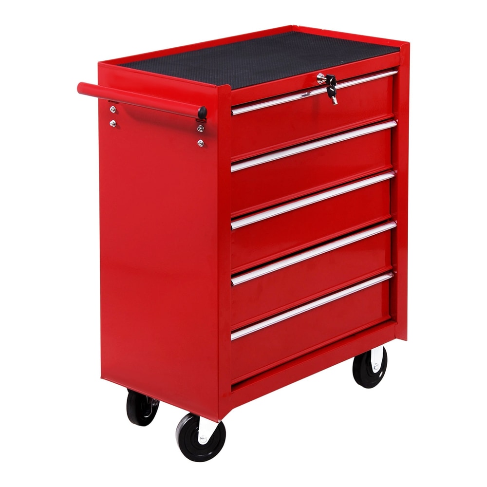 HOMCOM 5 Drawer Tool Chest on Wheels, a red steel trolley with a side handle and lockable drawers
