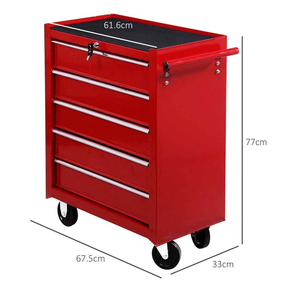Dimensions of the red 5 drawer tool chest on wheels shown with labels
