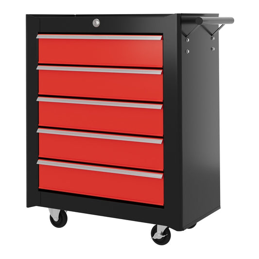HOMCOM 5-Drawer Tool Chest with Wheels in black and red with a side handle and lockable castors