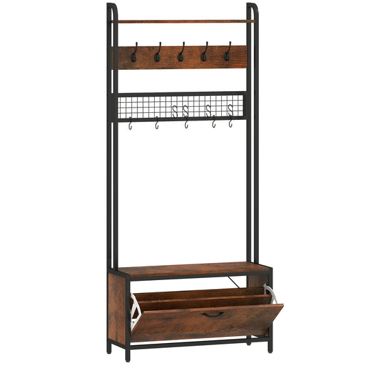 HOMCOM 5-In-1 Industrial-Style Hallway Tree in Rustic Brown