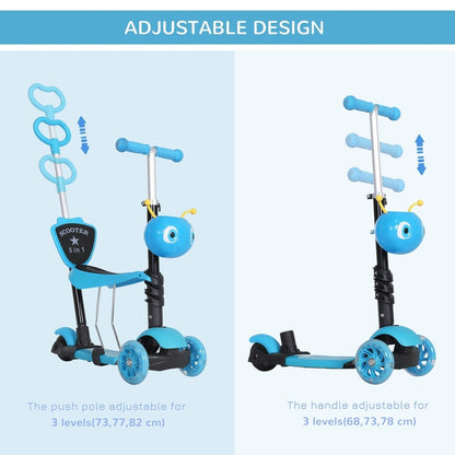 The kids scooter displayed in two configurations to show the adjustable height of the handles