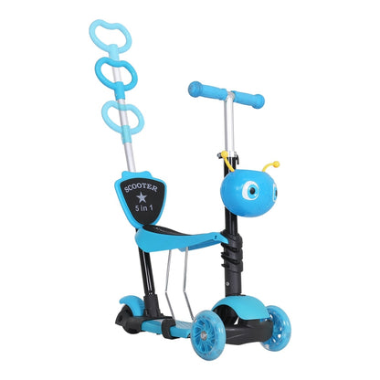 HOMCOM Adjustable Kids Toddler Scooter in blue with a seat and a tall parent push handle attached