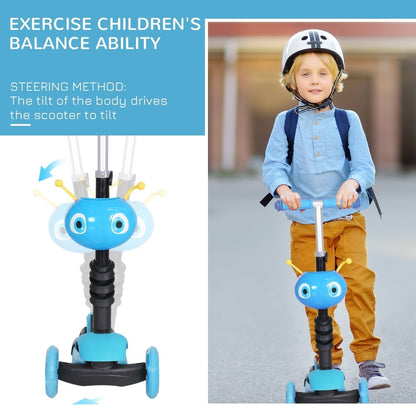A young child riding the kids scooter outdoors alongside a diagram showing the steering motion