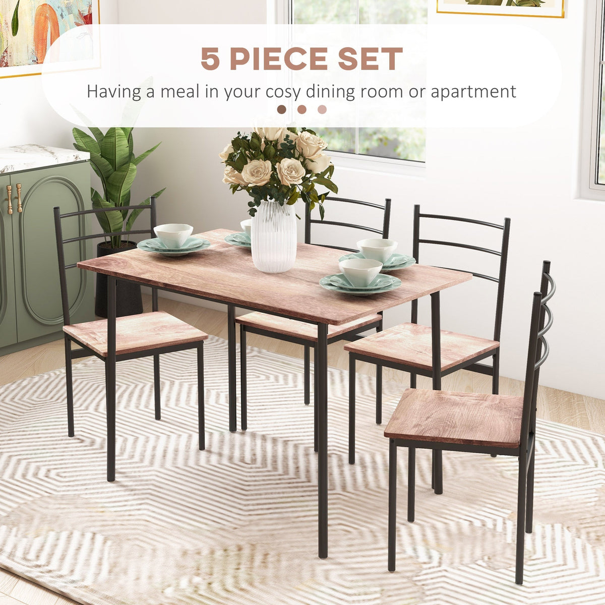 A cosy dining room scene with the five piece dining set