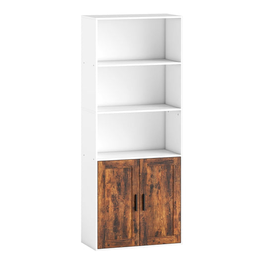 HOMCOM 5-Tier Bookcase with Adjustable Shelf in rustic brown and white with two cabinet doors at the bottom