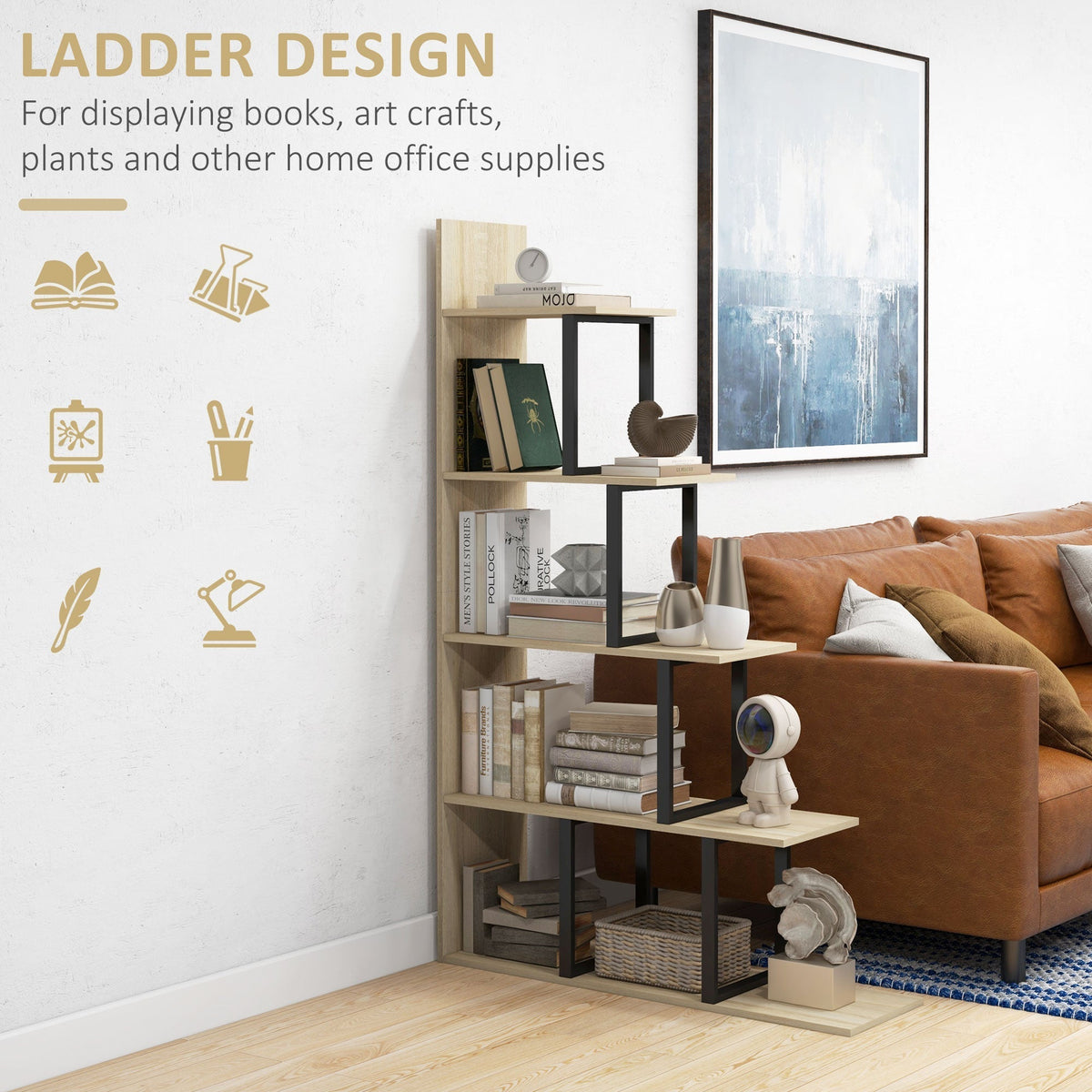 The ladder bookcase is displayed in a living room next to a sofa, highlighting its use for books and decor