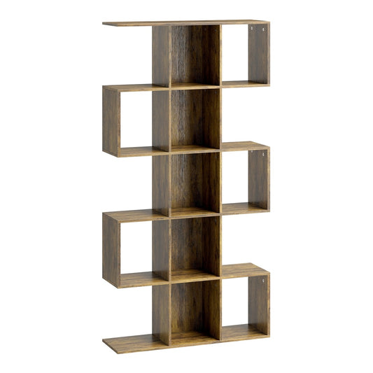 HOMCOM 5-Tier Bookshelf, an S shaped geometric bookcase with 15 compartments in rustic brown