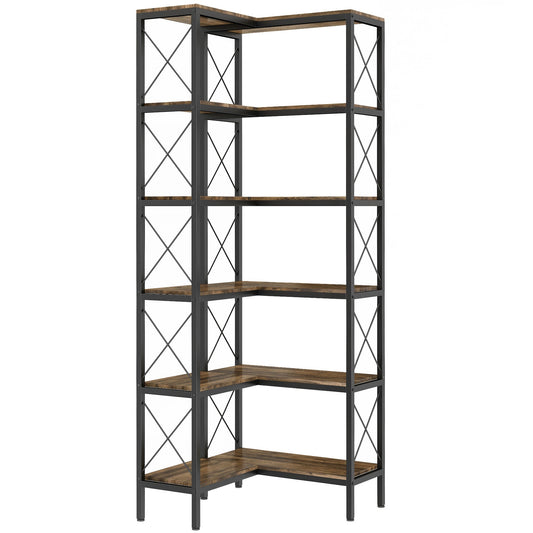 HOMCOM 5-Tier L-Shaped Bookshelf with a metal frame and rustic brown shelves