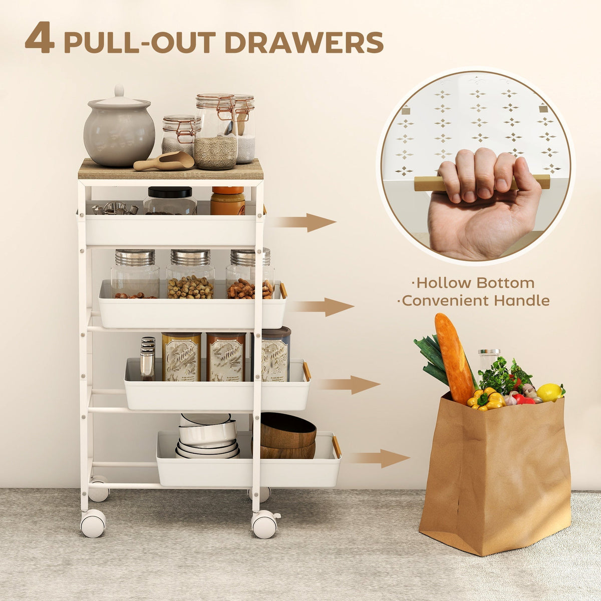 Close up of the pull-out drawers on the white kitchen storage trolley